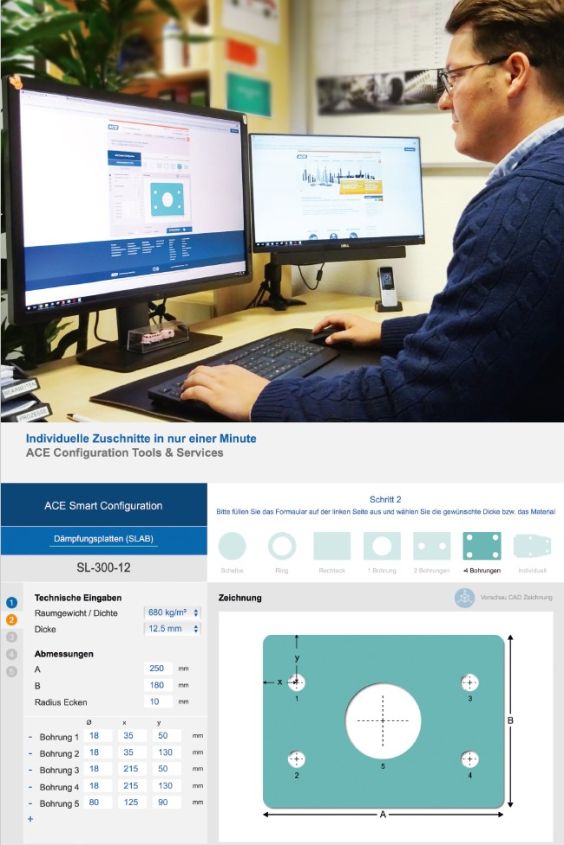 Mit den SLAB-Konfiguratoren stellt ACE ideale Arbeitshilfen f&uuml;r Auswahl und Zuschnitt Schwingungen isolierender und St&ouml;&szlig;e d&auml;mpfender Platten online unter diesem Link zur Verf&uuml;gung: m2-de.x9k.de/de/berechnungen/isolationsmatten-konfigurator-online.html.